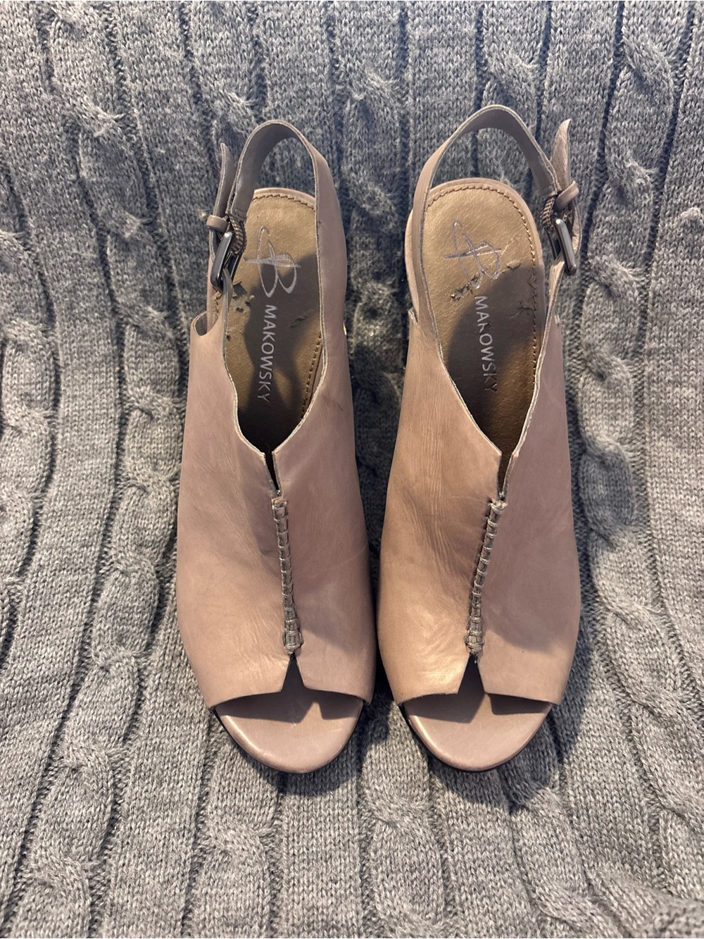 B. Makowsky Nude Blush Leather Whipstitch Peep Toe Caged Stiletto Heels /size 7